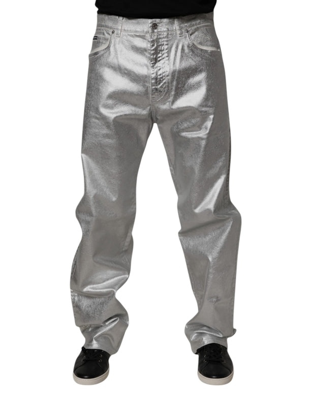 Metallic Silver Cotton Straight Denim Jeans