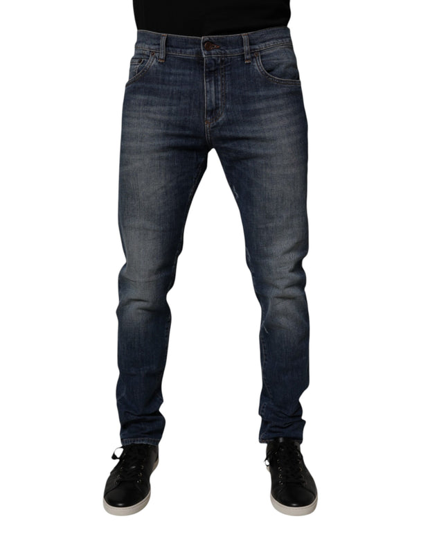 Dark Blue Cotton Leather Skinny Denim Jeans
