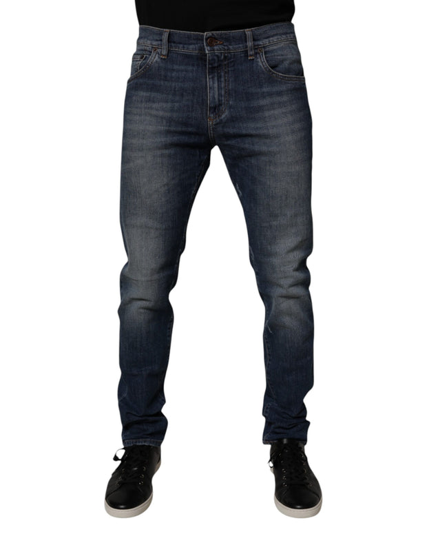 Dark Blue Cotton Leather Skinny Denim Jeans