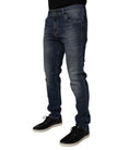Dark Blue Cotton Leather Skinny Denim Jeans