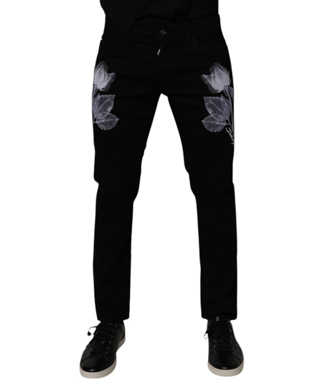 Black Floral Cotton Skinny Men Denim Jeans