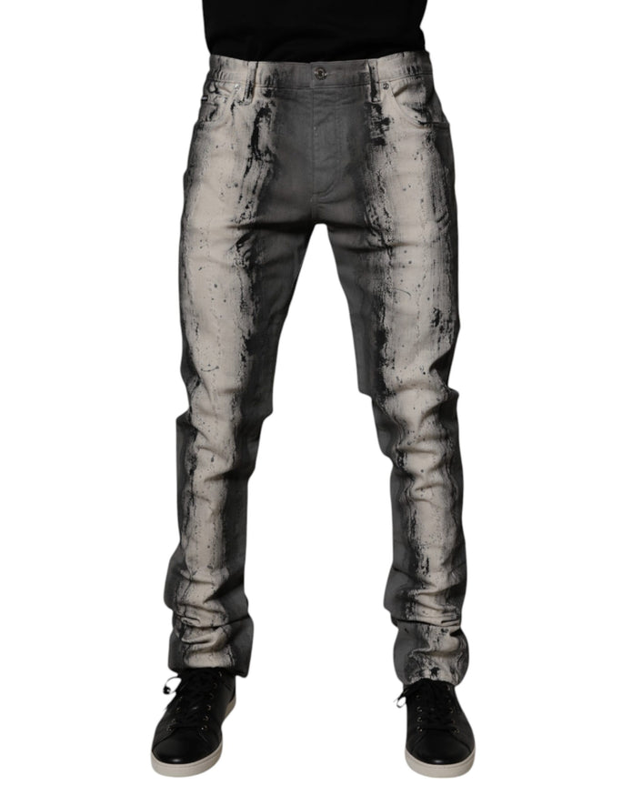 Gray Tie Dye Cotton Skinny Men Denim Jeans