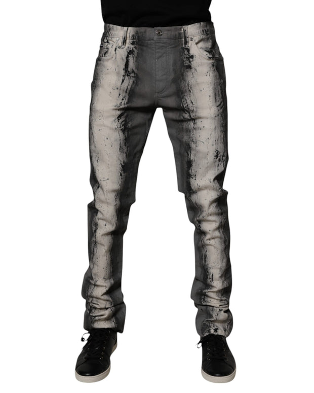 Gray Tie Dye Cotton Skinny Men Denim Jeans