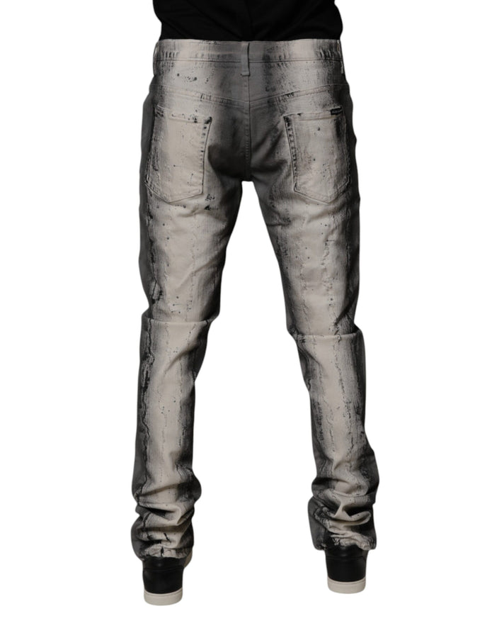 Gray Tie Dye Cotton Skinny Men Denim Jeans