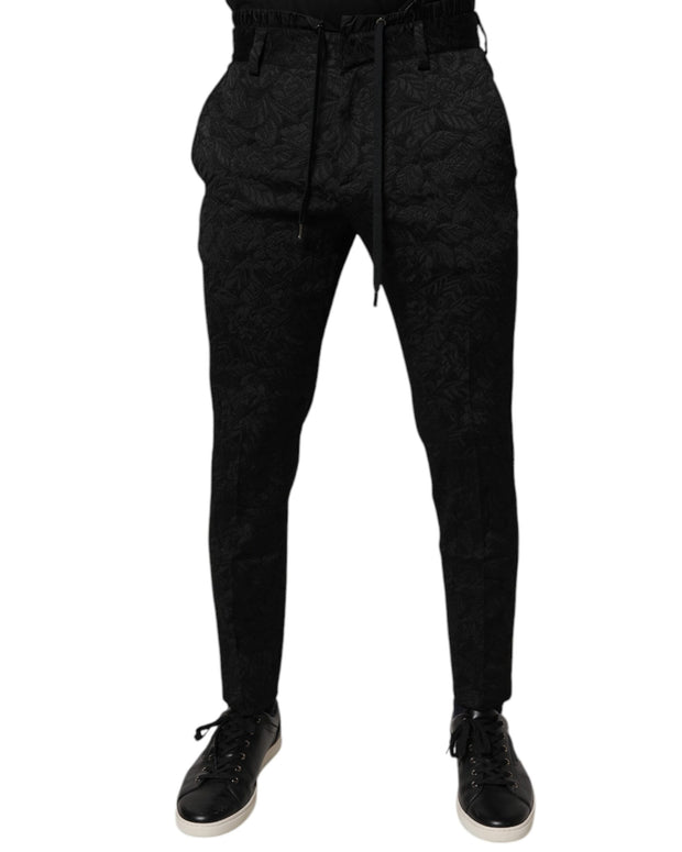 Black Brocade Polyester Skinny Dress Pants