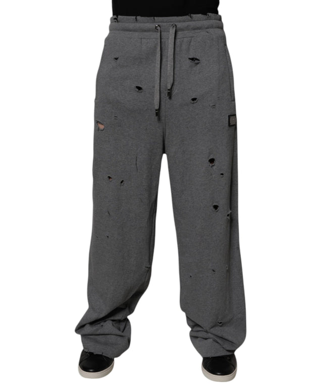 Gray Cotton RipStyle Straight Sweatpants Pants
