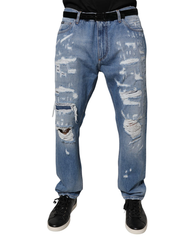 Blue Tattered Straight Cotton Denim Jeans