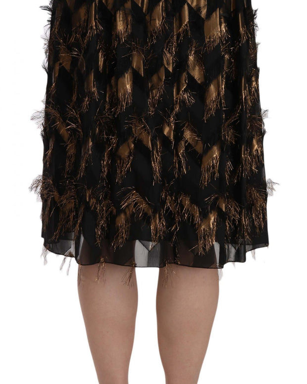 Black Gold Fringe Metallic Pencil A-line Skirt