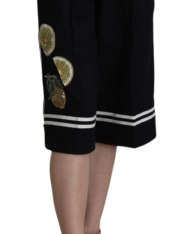 Black Cotton Cropped Embellished Pants