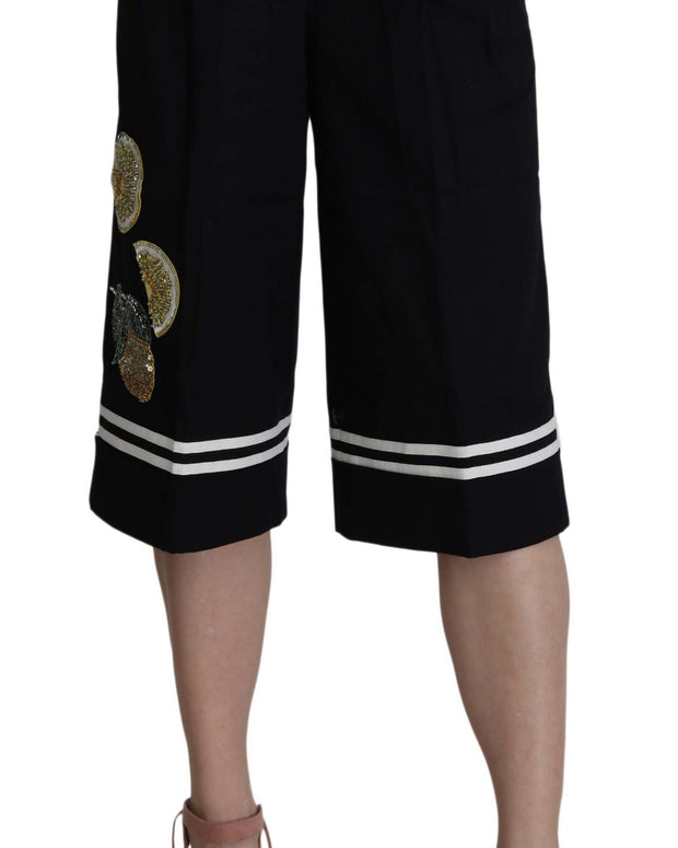 Black Cotton Cropped Embellished Pants