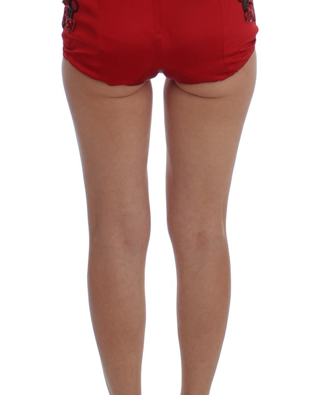 Red Silk Crystal Roses Shorts