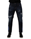 Dark Blue Cotton Tattered Skinny Denim Jeans