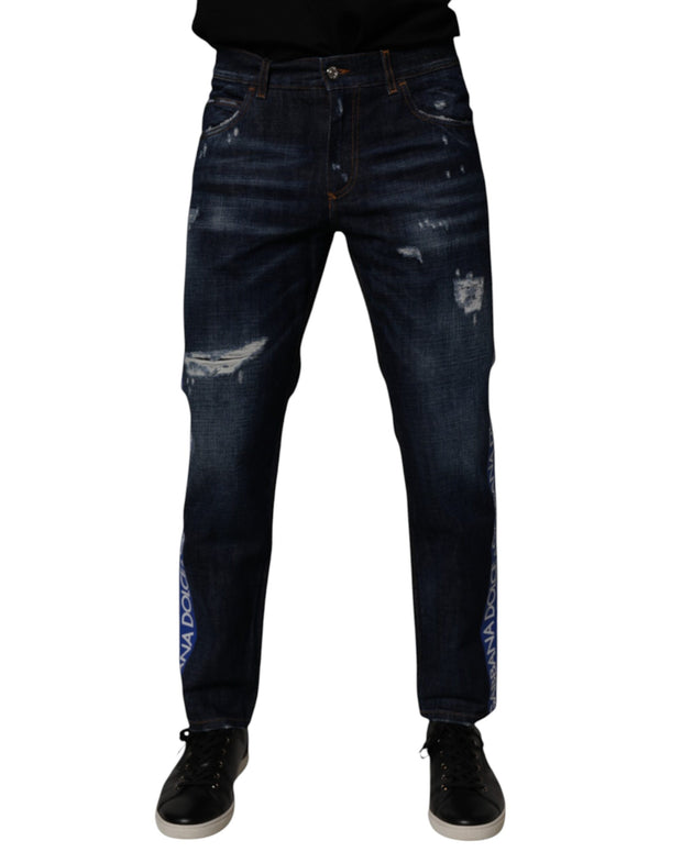 Dark Blue Cotton Tattered Skinny Denim Jeans