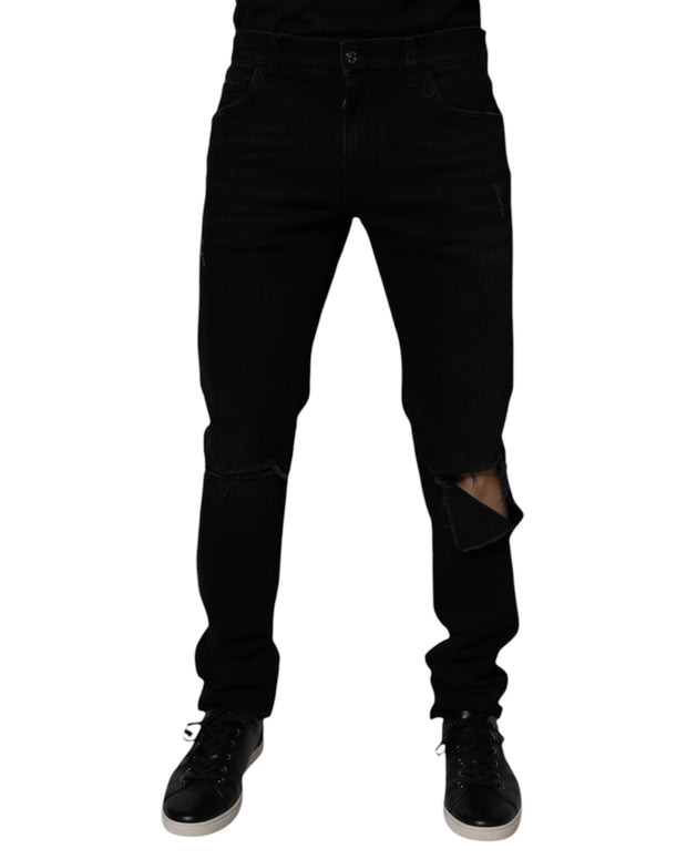 Black Cotton Tattered Skinny Men Denim Jeans