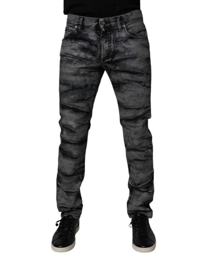 Gray Tie Dye Cotton Skinny Men Denim Jeans