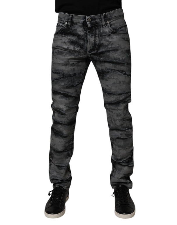 Gray Tie Dye Cotton Skinny Men Denim Jeans