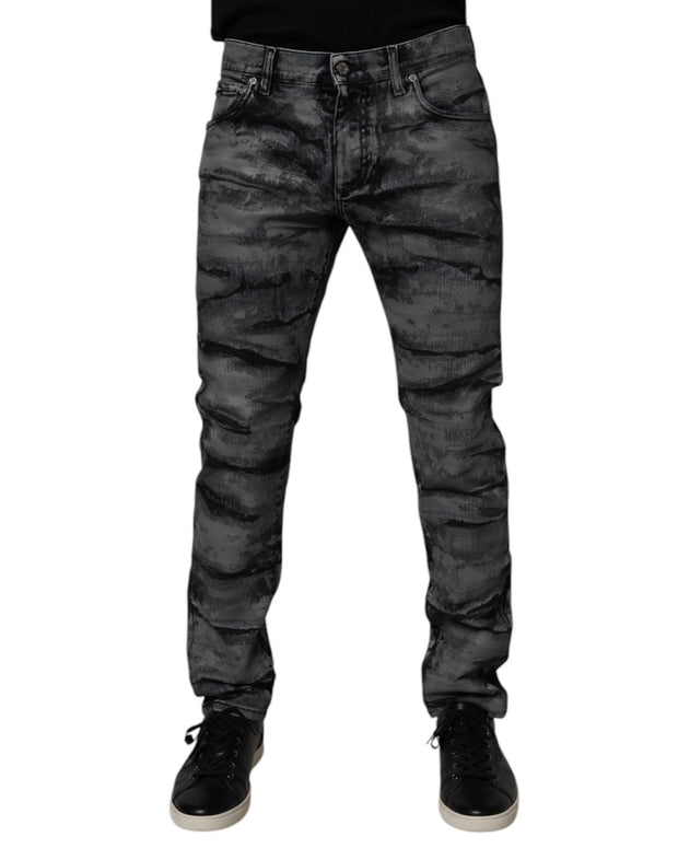 Gray Tie Dye Cotton Skinny Men Denim Jeans