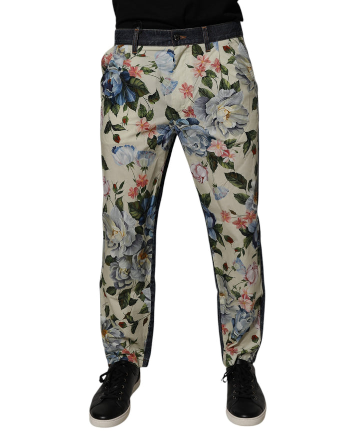 Beige Blue Floral Cotton Men Denim Jeans