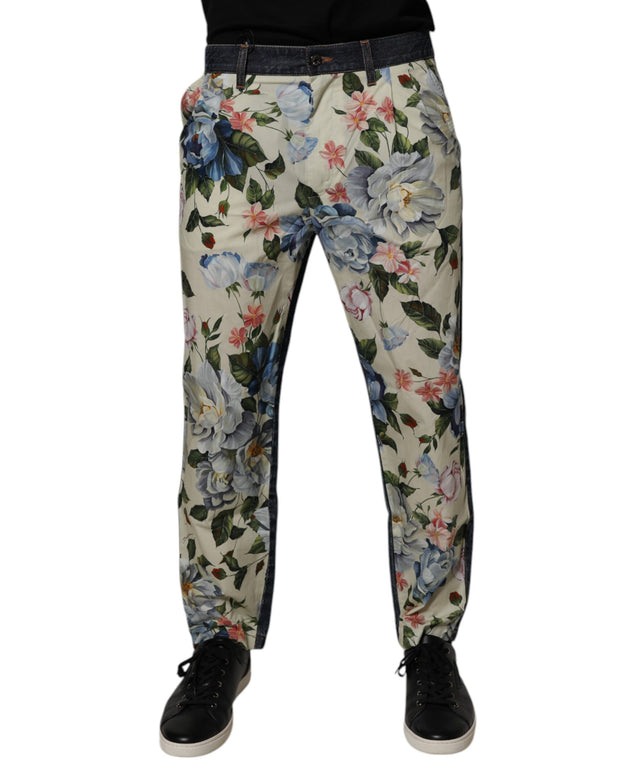 Beige Blue Floral Cotton Men Denim Jeans
