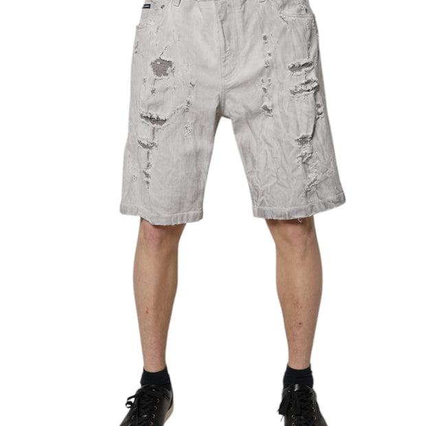 Light Gray Tattered Men Denim Bermuda Shorts