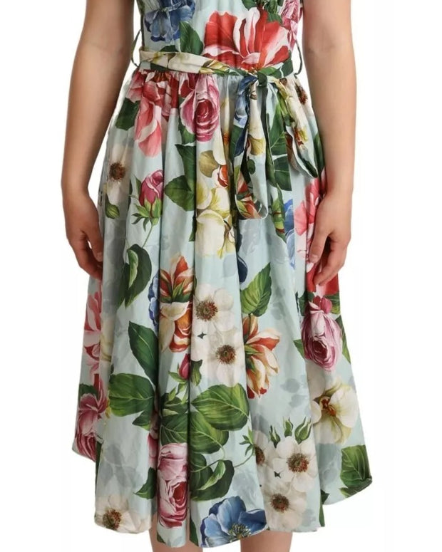 Green Floral Short Sleeves Cotton V-neck Dress