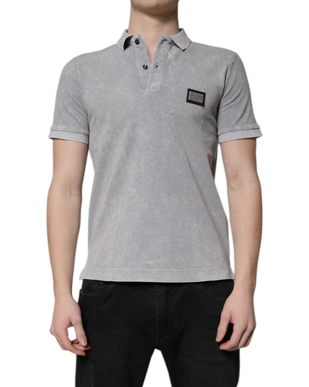 Gray Logo Plaque Cotton Men Polo Shirt T-shirt