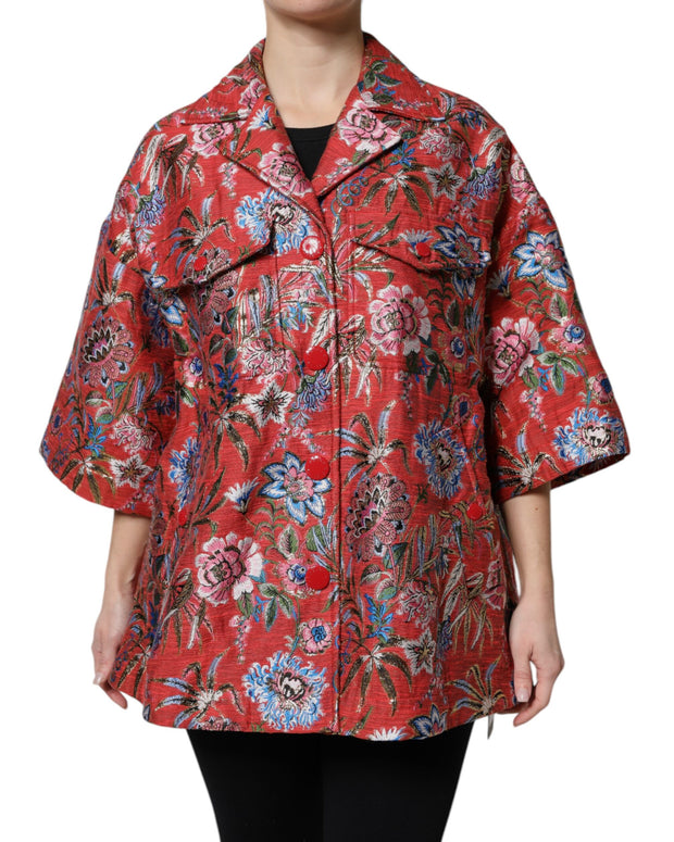 Red Floral Jacquard Button Down Coat Jacket