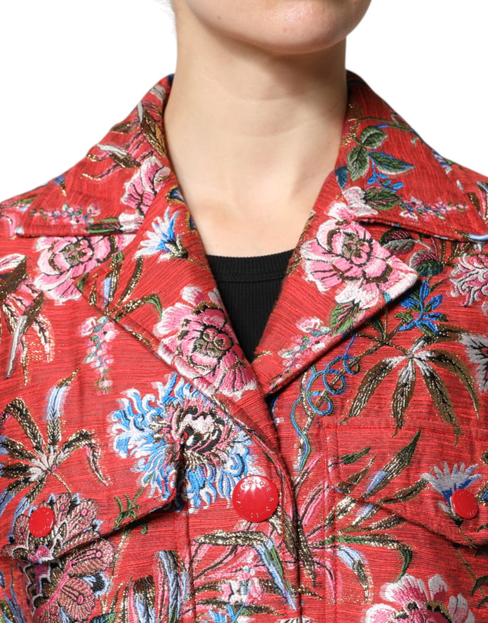 Red Floral Jacquard Button Down Coat Jacket