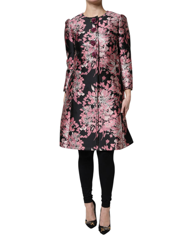 Pink Black Floral Brocade Trenchcoat Jacket
