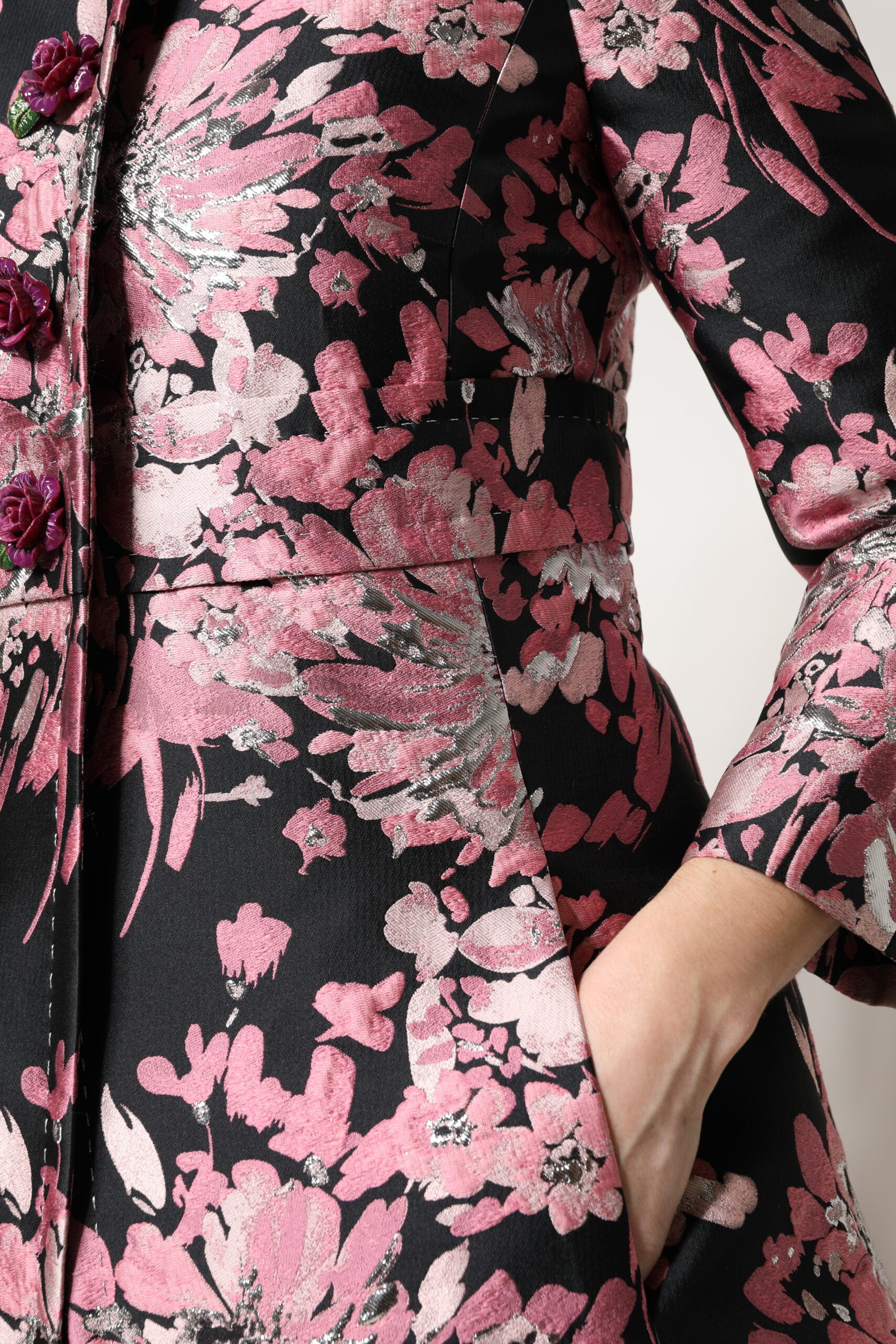 Pink Black Floral Brocade Trenchcoat Jacket