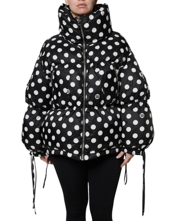 Black White Polka Dot Full Zip Puffer Jacket