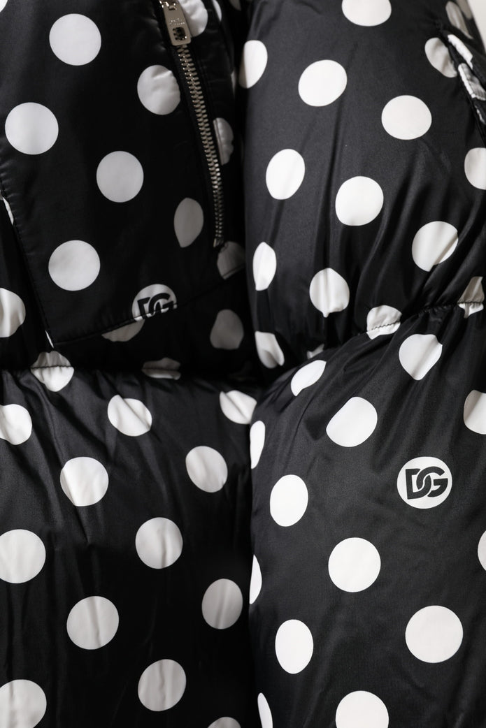 Black White Polka Dot Full Zip Puffer Jacket
