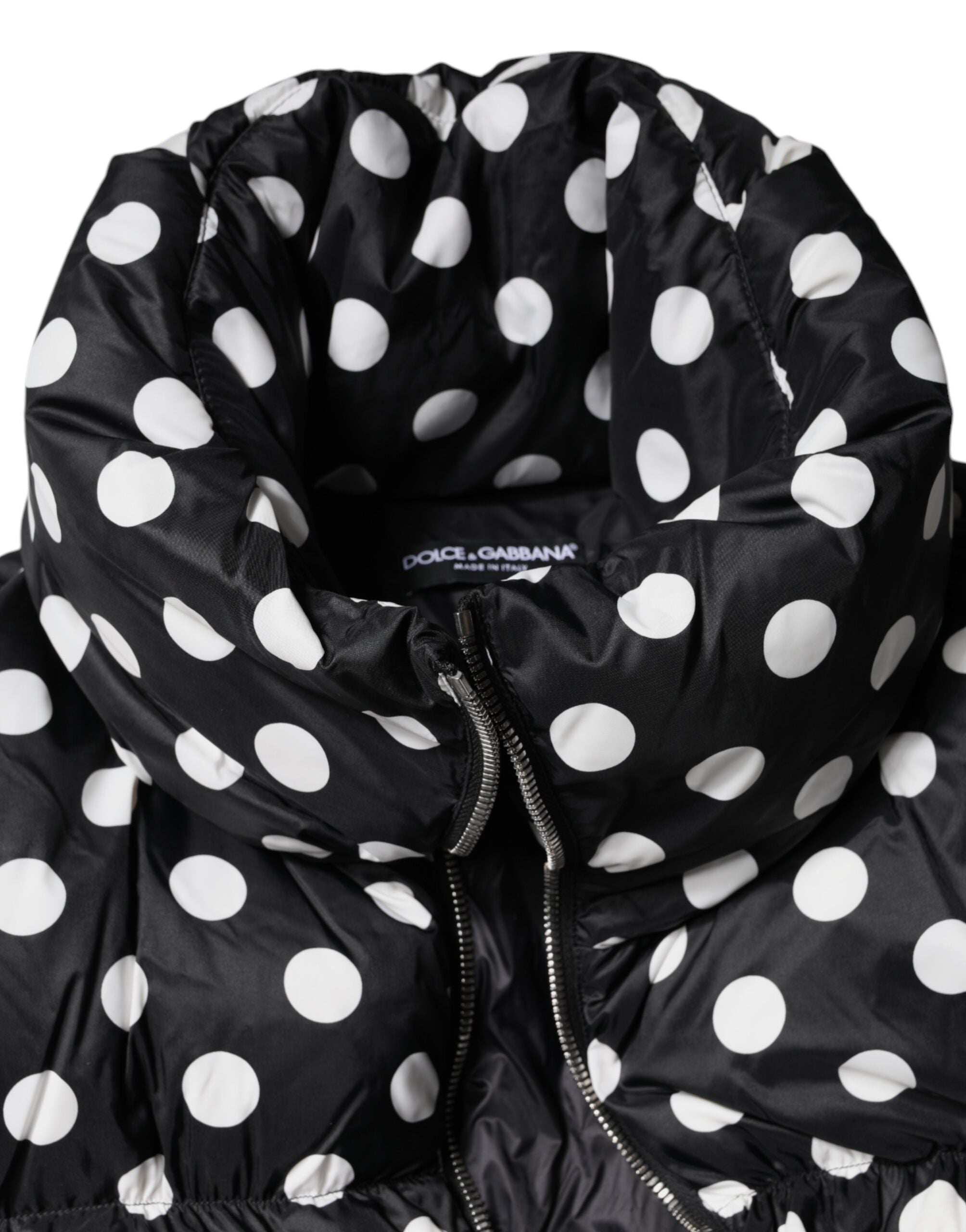 Black White Polka Dot Full Zip Puffer Jacket