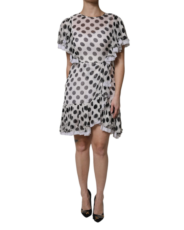 White Polka Dotted Silk Blend A-line Dress