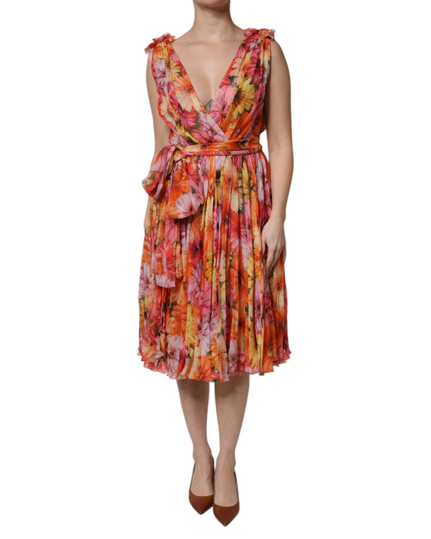 Multicolor Floral Silk V-neck Chiffon Dress