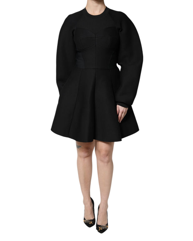 Black Cotton Long Sleeves A-line Mini Dress