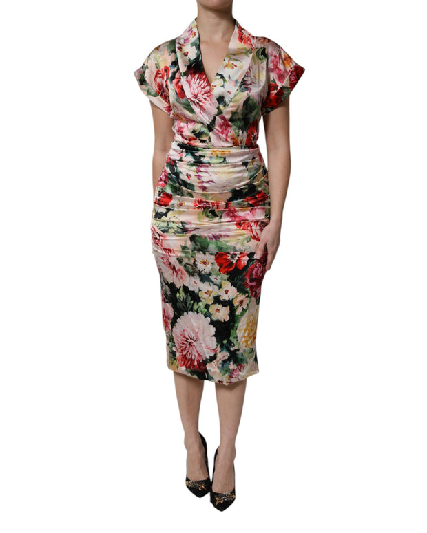 Multicolor Floral Short Sleeves Sheath Midi Dress