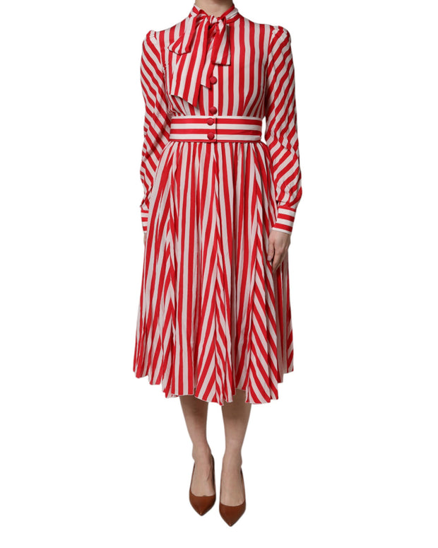 White Red Stripes Long Sleeves Midi Dress
