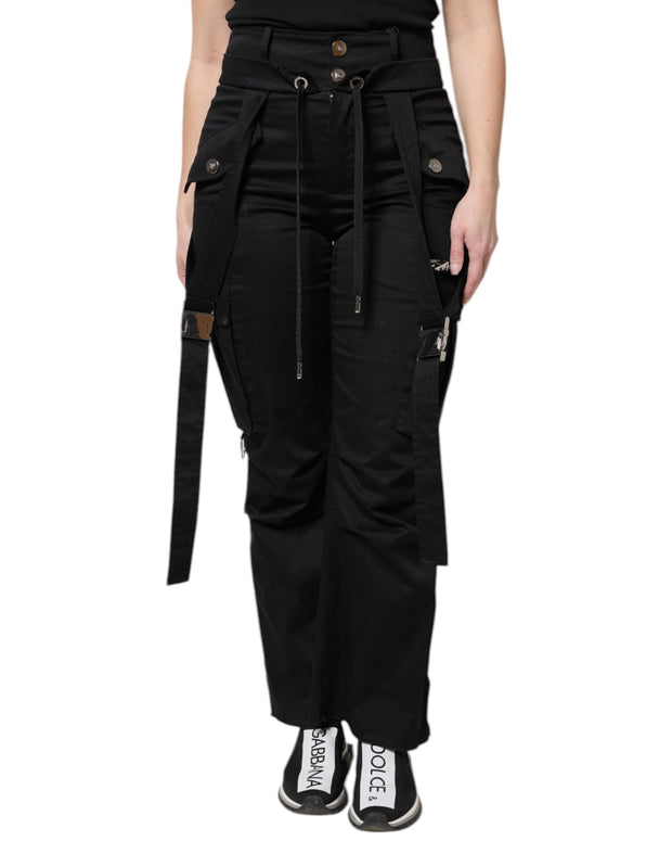 Black Cotton High Waist Cargo Pants