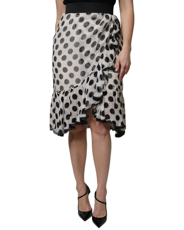 White Black Polka Dots Knee Length Skirt
