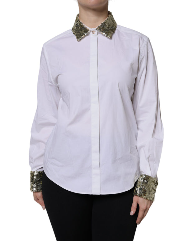 White Cotton Long Sleeves Sequin Shirt Top