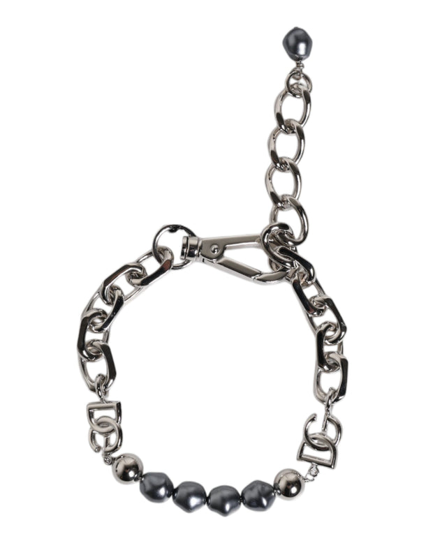 Silver Tone Chain Lobster Clasp Logo Gray Pearls Bracelet
