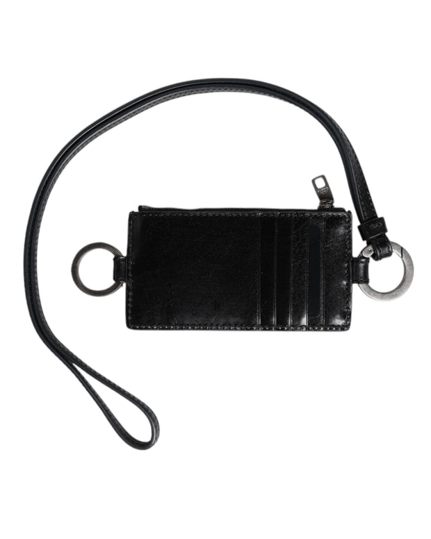 Black Leather Logo Embossed Lanyard Card Holder Wallet
