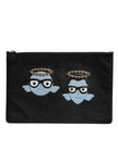 Black Leather #DGFAMILY Embellished Men Zip Pouch Bag