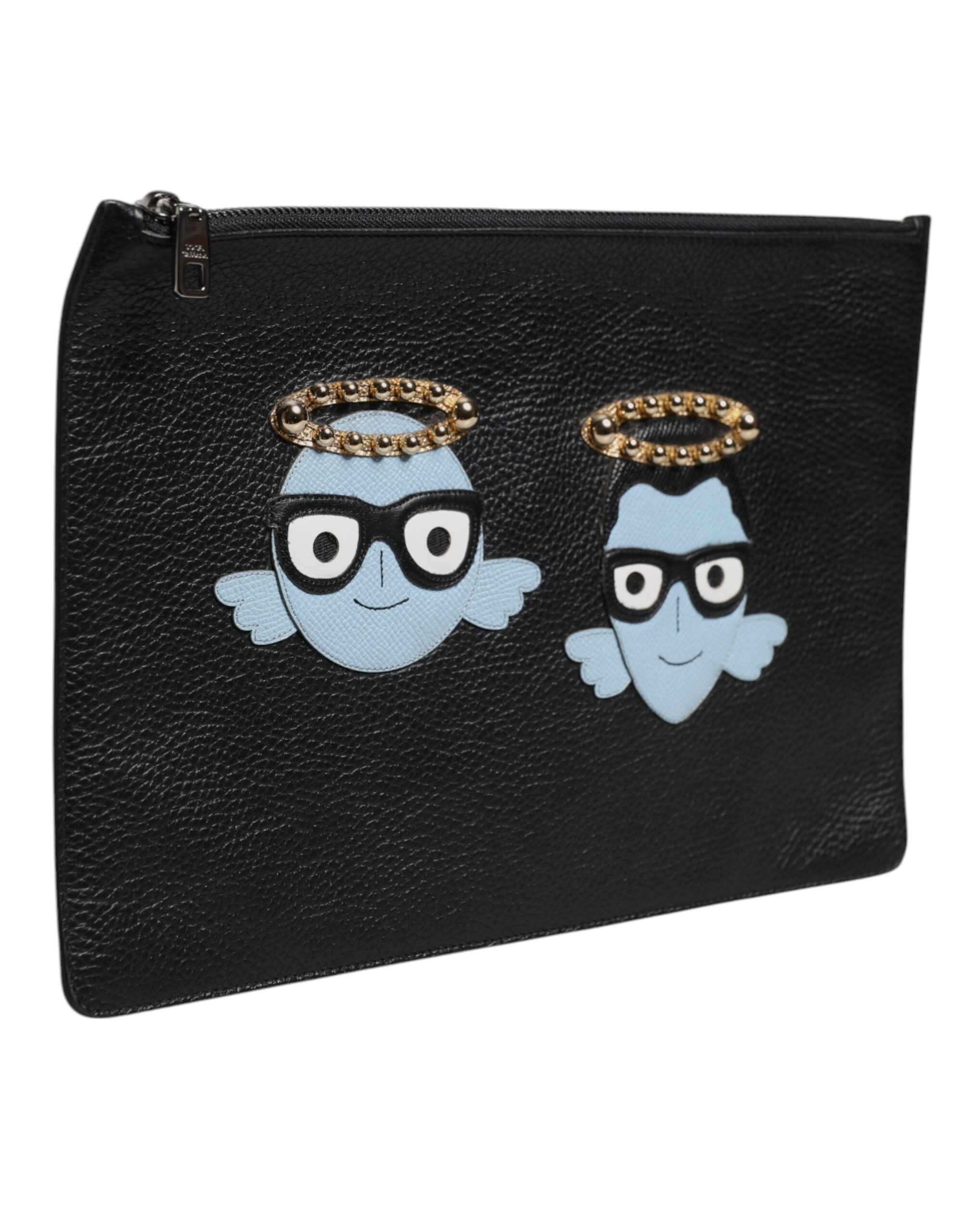 Black Leather #DGFAMILY Embellished Men Zip Pouch Bag