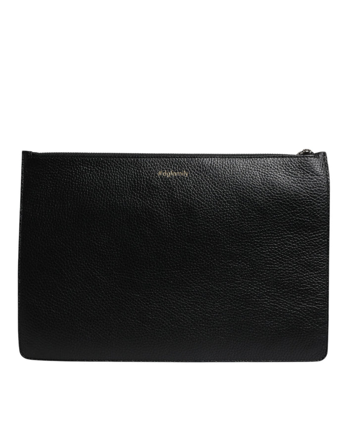 Black Leather #DGFAMILY Embellished Men Zip Pouch Bag