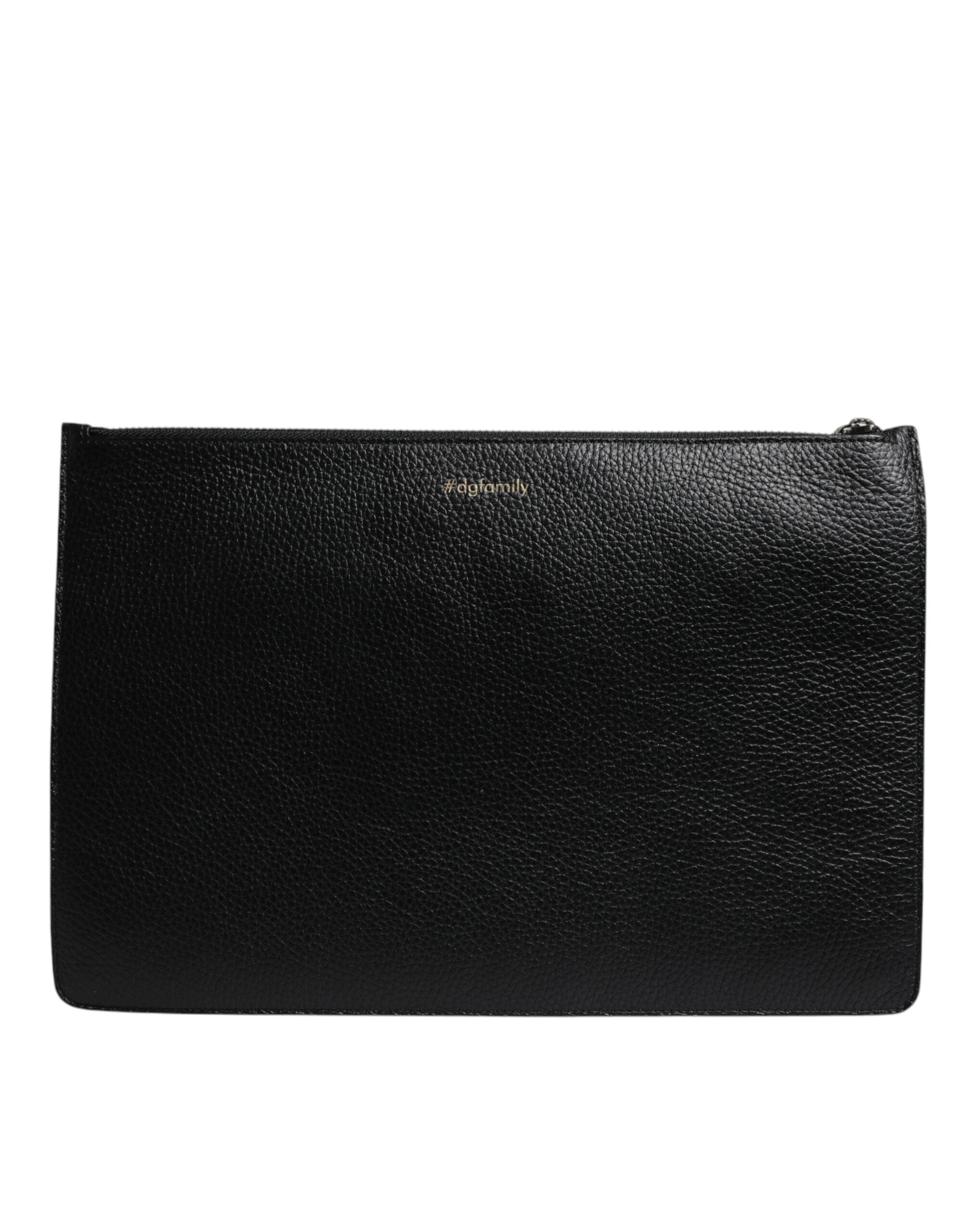 Black Leather #DGFAMILY Embellished Men Zip Pouch Bag