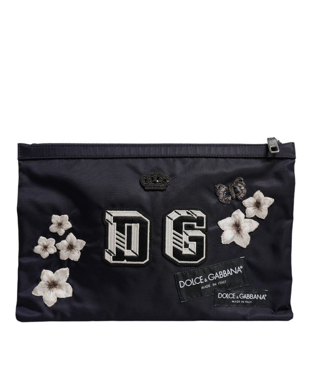 Blue DG Logo Patch Embellished Pouch Clutch Bag