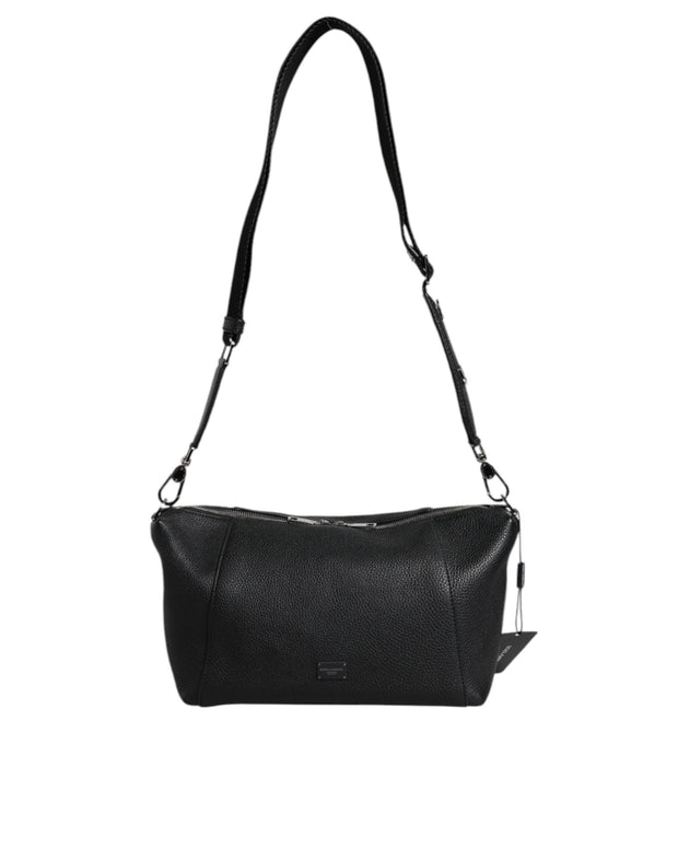 Black Leather Logo Plaque Shoulder Crossbody Bag