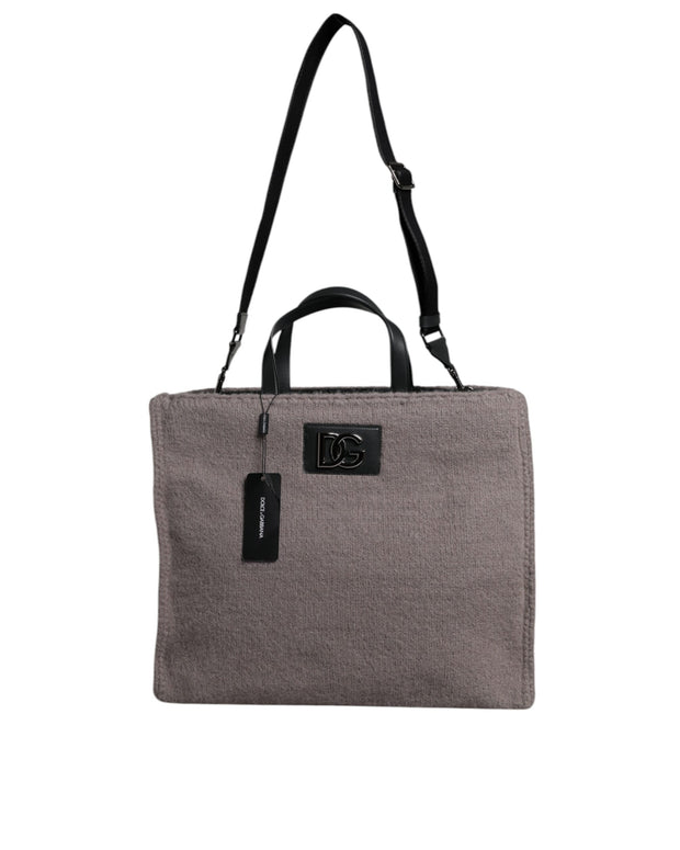 Grey Alpaca Wool Logo Plaque Tote Shoulder Bag